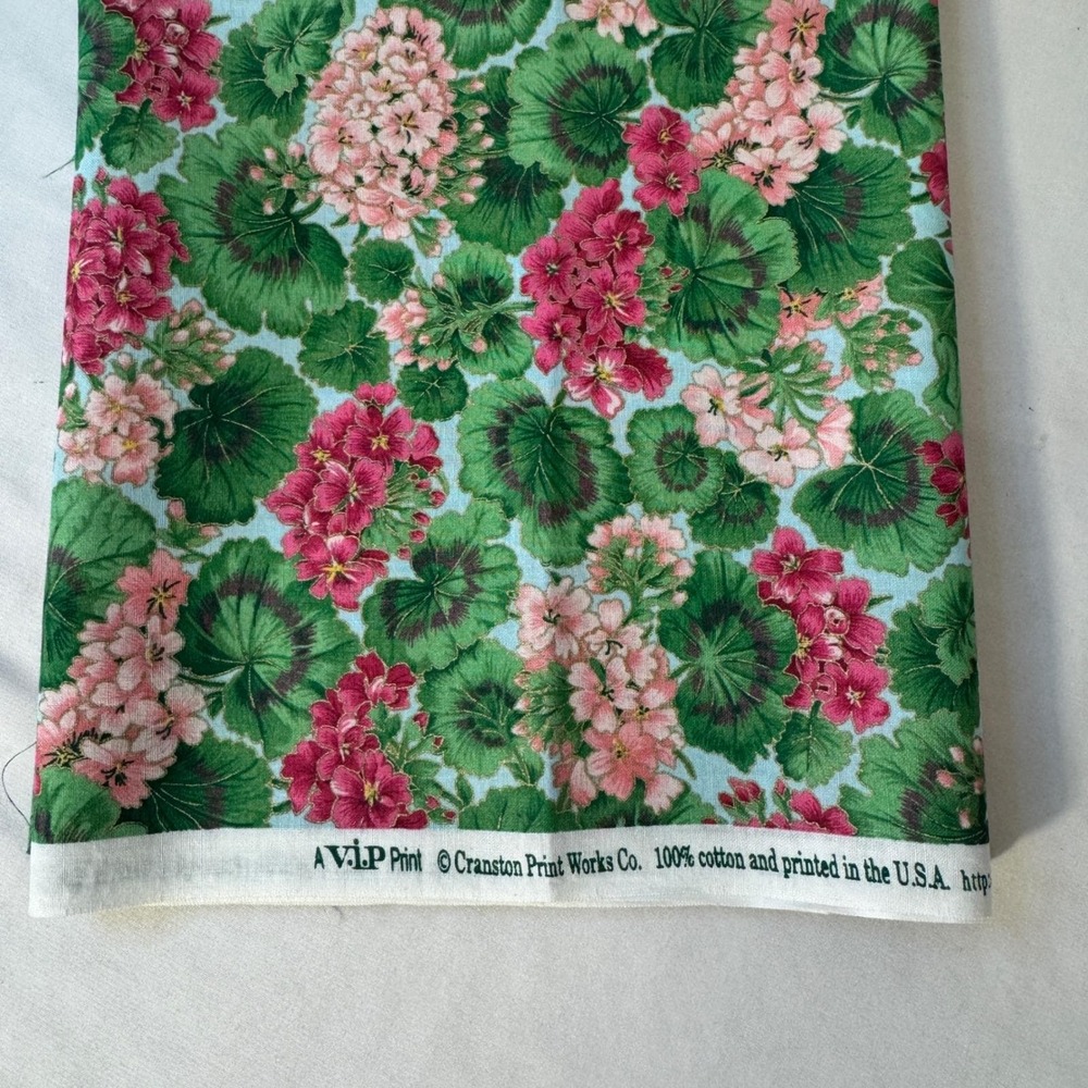 Cranston Print Works Fabric 18.5x50 Green Pink Geranium Floral Cotton